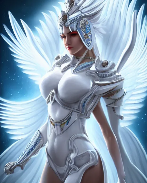 Prompt: perfect ornate white haired attractive egyptian goddess with huge white dove wings, warframe armor, beautiful, symmetric, dreamy, half asian, pretty face, blue eyes, detailed, scifi platform, laboratory, experiment, 4 k, ultra realistic, epic lighting, android body, illuminated, cinematic, masterpiece, art by akihito tsukushi, voidstar