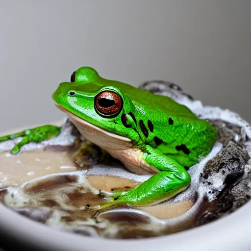 Image similar to a frog emerging from under bath of yogurt and milk