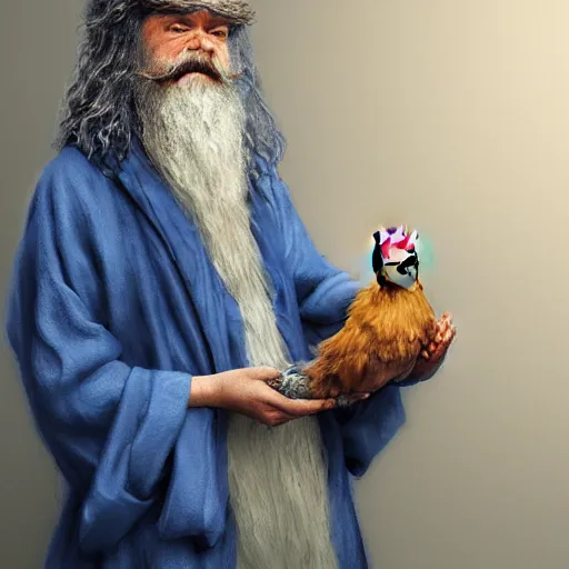 Image similar to a portrait of a wizard holding his pet chicken in his hands by Tony Sart, confused facial expression, blue robe, long white beard, frizzy hair, crazy hair, messy hair, ArtStation, realistic, detailed