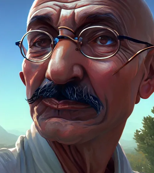 Prompt: Highly detailed portrait of Gandhi, in GTA V, Stephen Bliss, unreal engine, fantasy art by Greg Rutkowski, Loish, Rhads, ferdinand knab, Makoto Shinkai and Lois van baarle, ilya kuvshinov, rossdraws, Tom Bagshaw, global illumination, radiant light, detailed and intricate environment