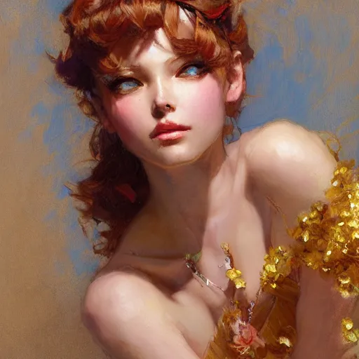 Prompt: a high fashion studio portrait of a charming anime girl, painting style by gaston bussiere, craig mullins, j. c. leyendecker