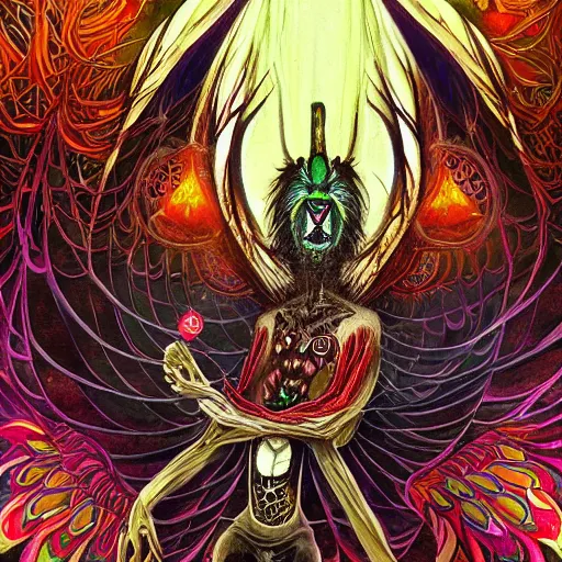 Image similar to A centered chest up portrait of a psychedelic godlike mothman with giant mandala wings smoking a hand-rolled cigarette smoking heavily , magic mushroom village in background , award winning. superb resolution. in the art style of junji Ito and greg rutkowski . Detailed Mushroom city in background. Hyper realistic anime. Perfect art. Dalle2