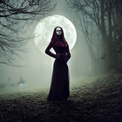 Prompt: Riveting Charismatic brunnette female vampire, portrait, atmospheric lighting, painted, intricate, Highgate cemetery, low mist, cold, volumetric lighting, beautiful, moon light, sharp focus, ultra detailed, by Leesha Hannigan, Ross Tran, Thierry Doizon, Kai Carpenter, Ignacio Fernández Ríos