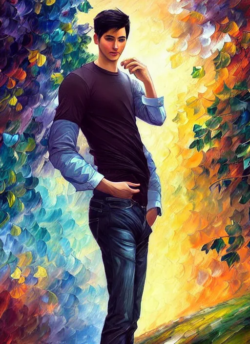 Prompt: handsome young man with short black hair, male, full detailed clothing, half body shot, arms down, path traced, highly detailed, high quality, digital painting, alena aenami, leonid afremov, lilia alvarado, shinji aramaki, karol bak, alphonse mucha, tom bagshaw