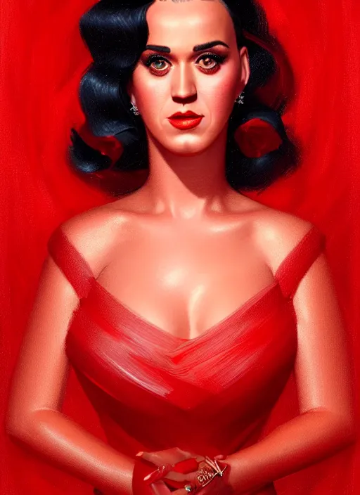 Image similar to portrait of katy perry in a red dress, intricate, elegant, glowing lights, highly detailed, digital painting, artstation, concept art, smooth, sharp focus, illustration, art by wlop, mars ravelo and greg rutkowski