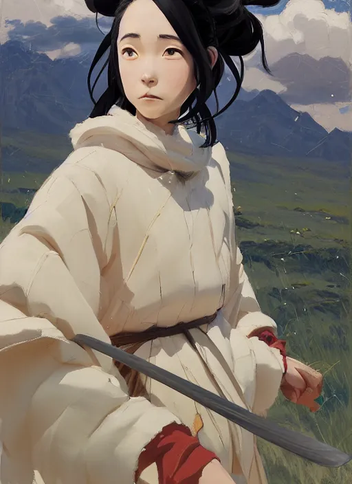 Image similar to portrait of Nezuko Kamado from Demon Slayer Anime, countryside, calm, fantasy character portrait, dynamic pose, above view, sunny day, thunder clouds in the sky, artwork by Jeremy Lipkin and Giuseppe Dangelico Pino and Michael Garmash and Rob Rey, very coherent asymmetrical artwork, sharp edges, perfect face, simple form, 100mm