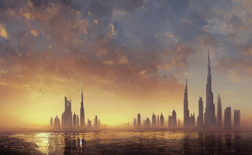 Prompt: oil painting of dubai skyline at sunset, natural light, concept art, by greg rutkowski, cozy atmospheric and cinematic lighting
