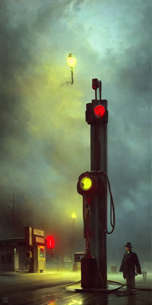 Prompt: a gas station in 1 9 4 0 with yellow and red light in the middle of the night, a men stand up next to the pump, mystical blue fog, oil on canvas, art by andreas achenbach, clemens ascher, tom bagshaw and sabbas apterus,