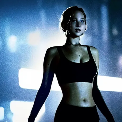 Prompt: jennifer lawrence in a cyberpunk movie in a distopic futuristic city in the style of bladerunner, wearing a cropped v - neck black tank top, sexy black shorts and black boots, firing a gun, muzzle flash, movie still, highly detailed, rainy night, volumetric lights, studio lighting, intense, scifi, sharp focus