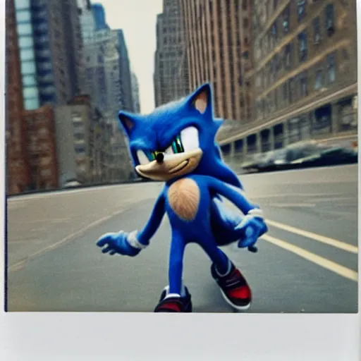 Image similar to polaroid image of sonic the hedgehog skating in new york city