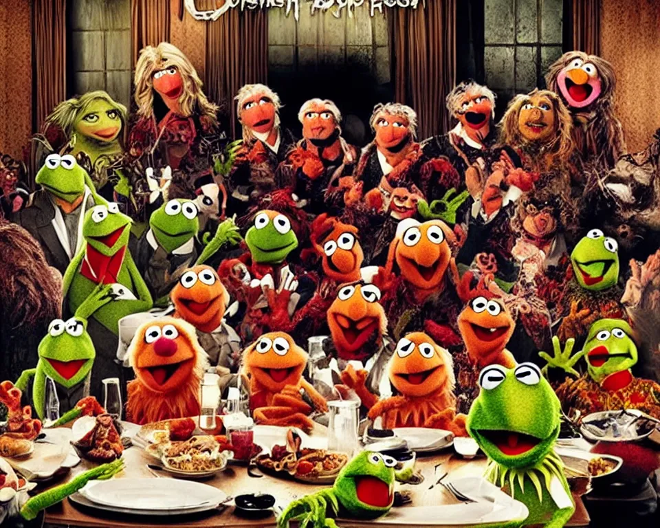 Prompt: A horror movie poster featuring muppets sitting at a dinner table