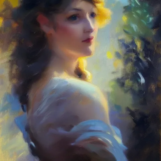 Image similar to beautiful and stunning portrait of a woman in a serene environment. by Antoine Blanchard and John Singer Sargent, trending on artstation 8k hq, art deco, cinematic lighting