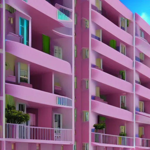 Prompt: Dali inspired apartment block in pink and teale pastel colours, hyperrealistic, octane render, architectural perfection, insane detail