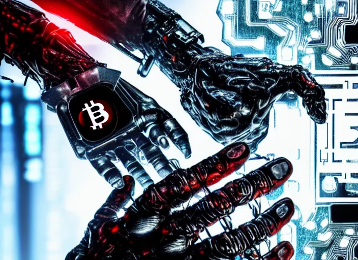 Image similar to terminator's hand holding a bitcoin between two fingers. centered. horror cyberpunk dystopia style. highly detailed 8 k. intricate. nikon d 8 5 0 3 5 mm. award winning photography.