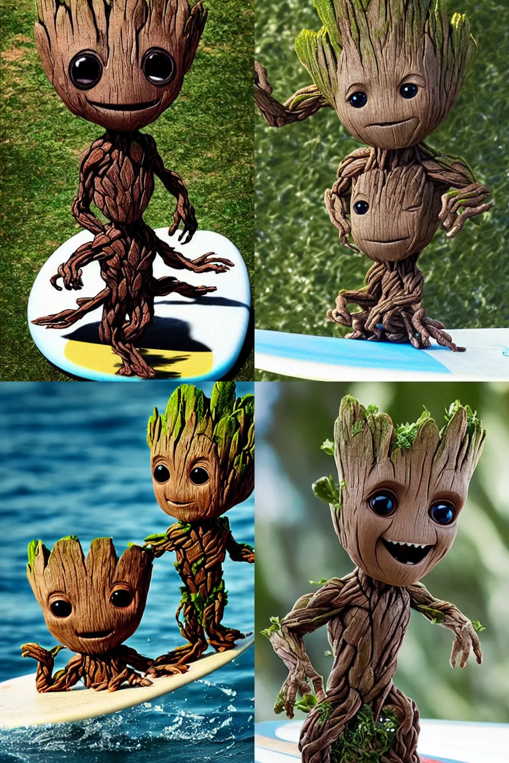 Prompt: little cute Groot riding on a surfboard