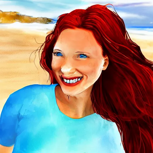 Image similar to digital art of redhead at the beach, freckles, dimples, smiling, flirting, eye contact