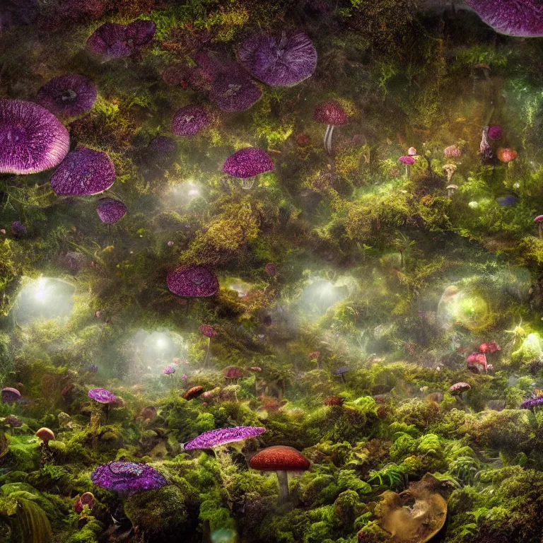 Image similar to a planet of various fungus, mushrooms, flowers and plants, inside the picture is infinity, Atmospheric, artistic photography, conceptual, long exposure outside the city, volumetric light