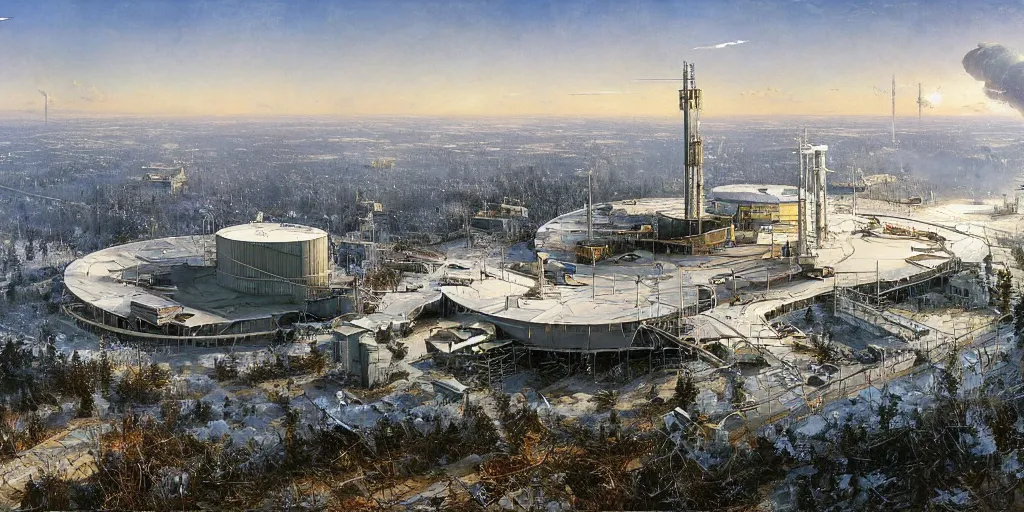 Prompt: a cold war radar station, hyperrealism, no blur, 4k resolution, ultra detailed, style of John Berkey, Norman Rockwell, Hans Thoma, Ivan Shishkin, Tyler Edlin, Thomas Kinkade