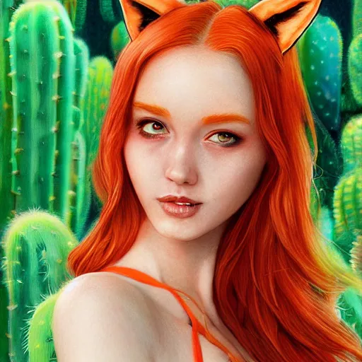 Prompt: Portrait of red-haired girl with fox ears and an evil grin in orange bikini holds a cactus cinematic lighting, intricate, elegant, highly detailed, digital painting, artstation, smooth, sharp focus, illustration, art by Yoshitaka Amano, artgerm