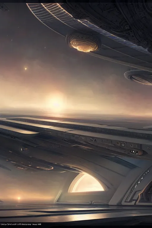 Image similar to futuristic space station 3 d concept art, cinematic lighting, intricate details, building by zaha hadid, soft atmosphere, pastel sunset, emissary space by arthur haas and bruce pennington and john schoenherr, cinematic matte painting, dark moody monochrome colors, trending on artstation, featured on behance