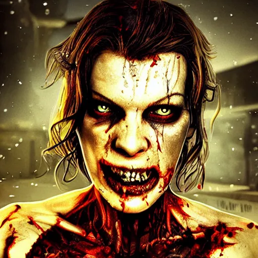 Image similar to angry zombie full body portrait of milla jovovich in an urban szene, grimdark horror, stylized digital illustration, radiating a glowing aura, global illumination, ray tracing, hdr, fanart arstation by ian pesty and katarzyna bek - chmiel