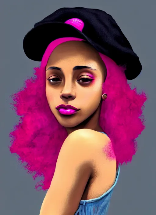 Image similar to portrait of teenage vanessa morgan with bright pink hair, black girl, vanessa morgan, curly pixie cut hair, wearing newsboy cap, newsboy cap, hoop earrings, intricate, elegant, glowing lights, highly detailed, digital painting, artstation, concept art, smooth, sharp focus, illustration, art by wlop, mars ravelo and greg rutkowski