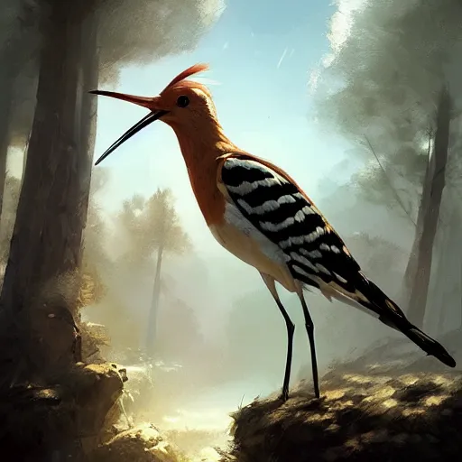 Image similar to hoopoe in avila pinewood, 4 k, concept art, by wlop, ilya kuvshinov, artgerm, krenz cushart, greg rutkowski, pixiv. cinematic dramatic atmosphere, sharp focus, volumetric lighting, cinematic lighting, studio quality