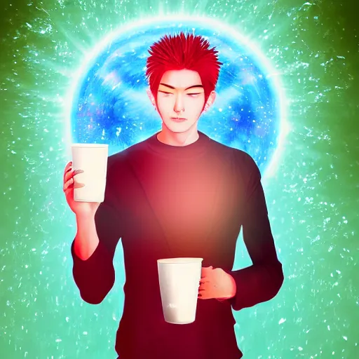 Image similar to A man drinking a cup of cosmic energy bright light by Park Sung-woo Red Ice, 4k, digital art, surreal, anime style,