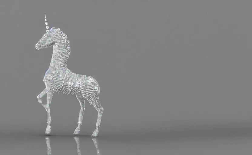 Image similar to unicorn made out of diamonds, blender 3D render, reflections, simple environment map, 4k