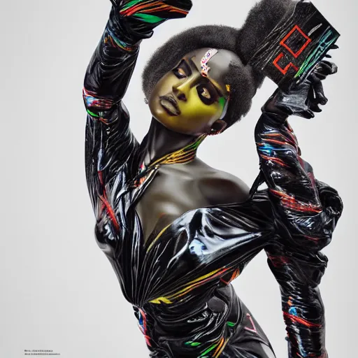 Image similar to extremely beautiful female black marble statue in the style of virgil abloh, colorful motocross logos behind her, sharp focus, clear, detailed,, cinematic, detailed, off white, glamourous, symmetrical, vogue, editorial, fashion, magazine shoot, glossy