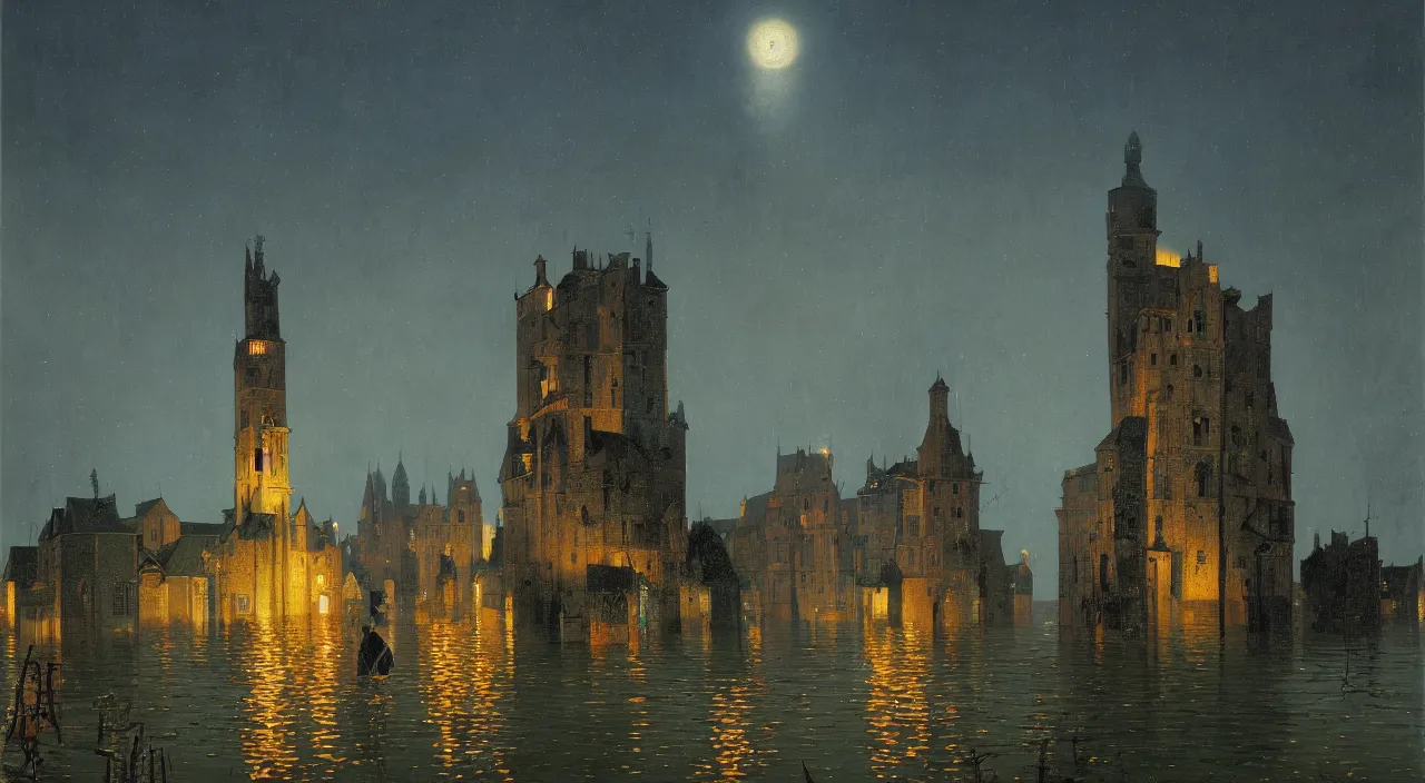 Prompt: an award winning oil painting of a flooded ancient tower at night by rene magritte jan van eyck simon stalenhag carl spitzweg audubon max ernst, full-length view, highly detailed, vibrant colors, extremely high contrast!, symmetry, great composition, high detail, cinematic lighting, masterpiece, trending on artstation