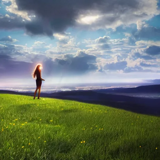 Image similar to silhouette of woman with flowing hair overlooking an expansive green hillside while leaves and a blue-yellow sky beam, extremely moody lighting, glowing light and shadow, atmospheric, fine art, trending, featured, 8k, photorealistic, complex,symmetrical , 3-point perspective, hyper detailed, unreal engine 5, IMAX quality, cinematic, high resolution, 3D, PBR, path tracing, volumetric lighting, octane render, arnold render