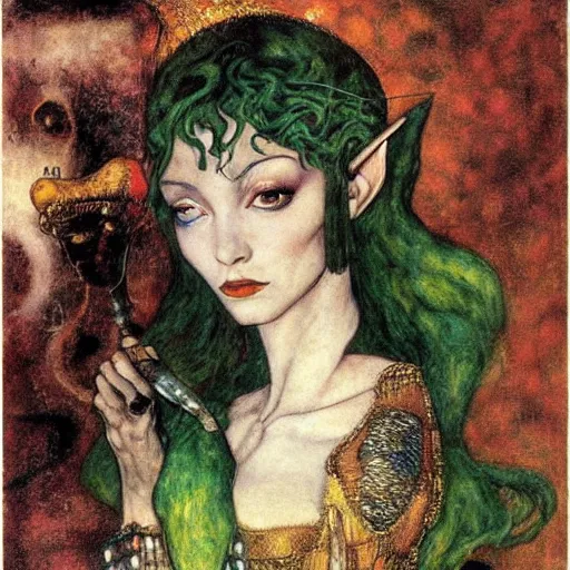 Image similar to head and shoulders portrait of a female elf sorcerer, royo, klimt, miro, vallejo, frazetta, giger, whealan