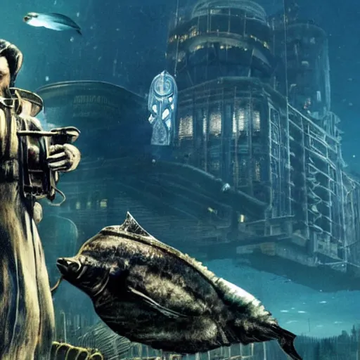 Image similar to cinematic photo of andrew ryan, portrayed by leonardo dicaprio, in a new live - action bioshock movie. the underwater city of rapture is seen shining in the background