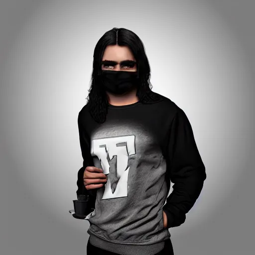 Image similar to professional fantasy digital art of a young adult man with slightly long hair wearing a black face mask and a form-fitting dark sweatshirt, high quality, HD, 8K, highly detailed, award-winning, dark color palette