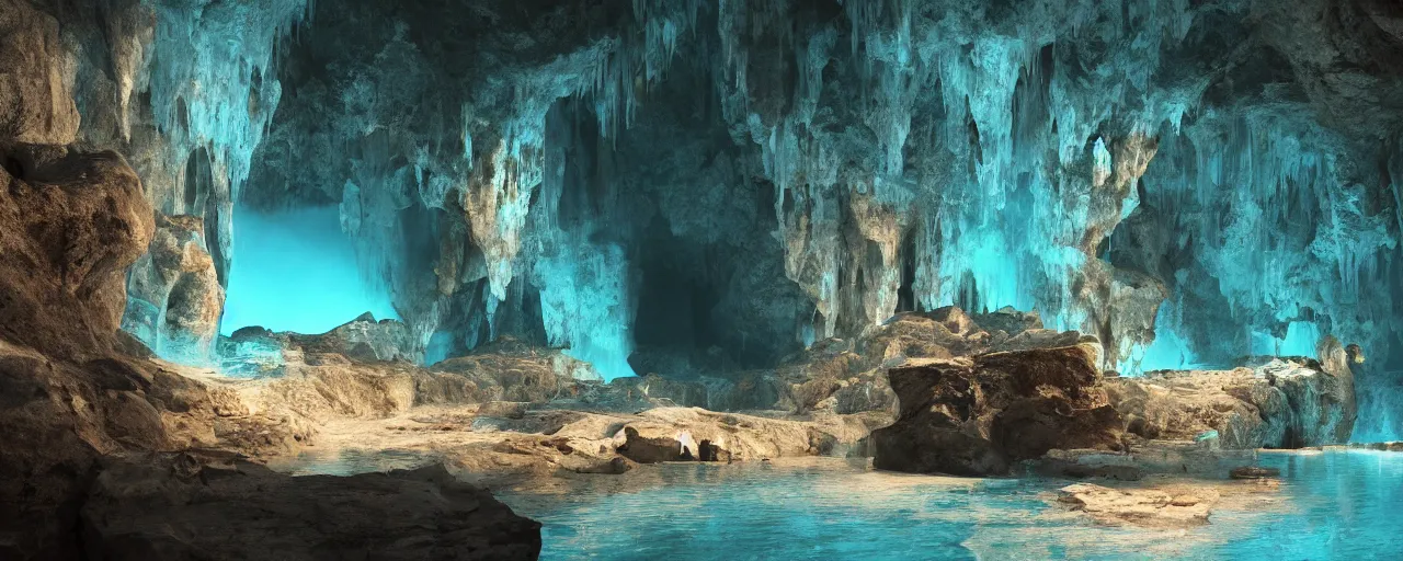 Prompt: Beautiful derelict ancient mountain cave with remanence of ancient life, volumetric lighting beaming through a crack in the roof shining on a turquoise clear pool. A soft glow slightly dusty atmosphere. Wallpaper. Ultra HD, V-ray, Octane Render, 8k, Sharp, Detailed, Maximalism. Stunning