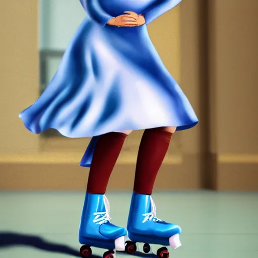 Image similar to blonde nun in blue clothes on roller skates, photorealistic