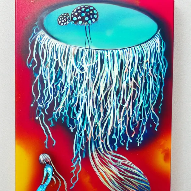 Image similar to jellyfish, tiny woman in a fish tank, surrealism, acrylic and spray paint and oilstick on canvas