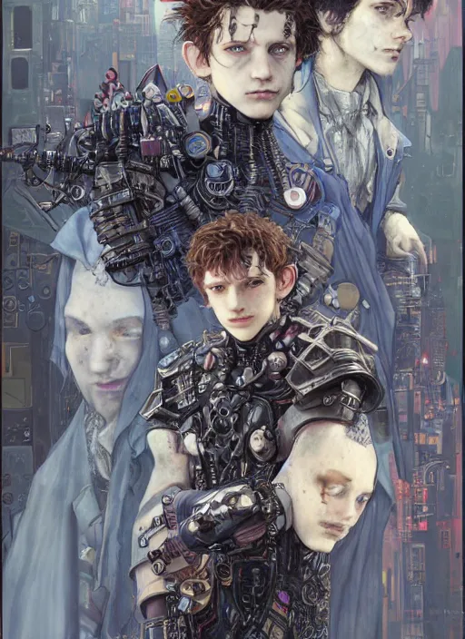 Prompt: portrait of young gothic Tom Holland, cyberpunk, Warhammer, highly detailed, artstation, illustration, art by Gustav Klimt and Range Murata and Katsuya Terada