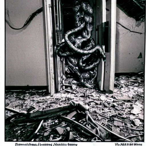 Prompt: 1 9 9 3, disposable camera, flash, old abandoned building, creepy mutant flesh creature, tentacles, flesh blob, trevor henderson