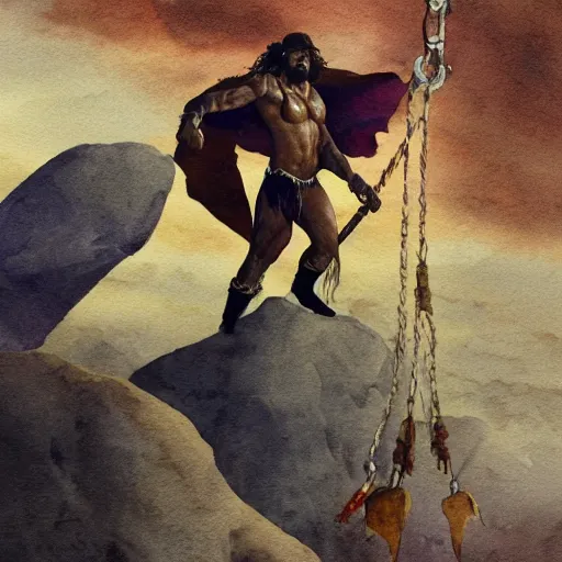 Image similar to randy savage with an anchor slung over his shoulder and foot heroically on a boulder posing in desolate wasteland | fantasy watercolour painting | middle earth | conan | darksun | d & d dungeons and dragons | barbarian