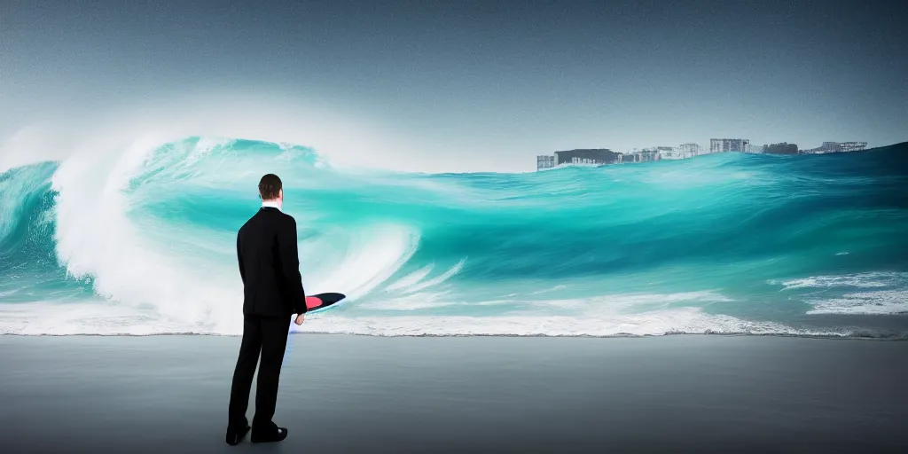 Image similar to full body portrait, white man in black suit surfs in office, ocean wave, furniture around, business surrounding, dslr, insane details, hyper reallistic, 8 k,, ultra clear detail, hdr, textured, award winning, professional photography