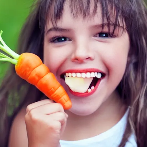 Image similar to a girl with a big teeth and she's eating a carrot photo - realistic