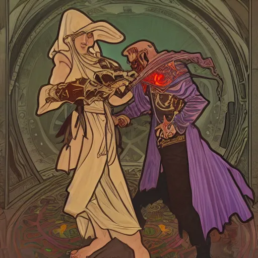 Prompt: a necromancer fighting another warlock with magic, epic , Grim fantasy, illustration , concept art, Alphonse Mucha style,