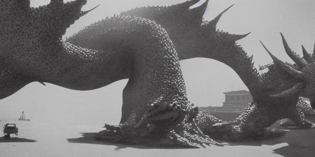 Image similar to light coming out of one bull - like kaiju starfish monster, korean film noir, korean traditional palace, pyongyang city, 1 9 6 0 s, red color bleed, 4 k, video compression, video glitch, monochrome, akira kurosawa