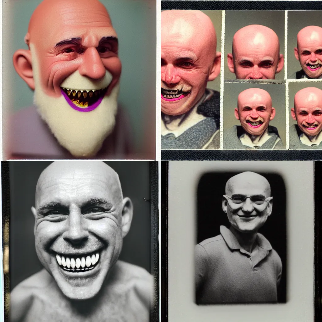Prompt: bald old man with lego teeth, high detail, old photograph, polaroid