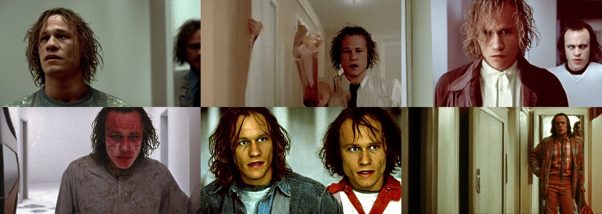 Prompt: full color still of Heath Ledger in the infamous ax scene in The Shining (1980), 150mm lens by Stanley Kubrick, grainy 1980 cinematography