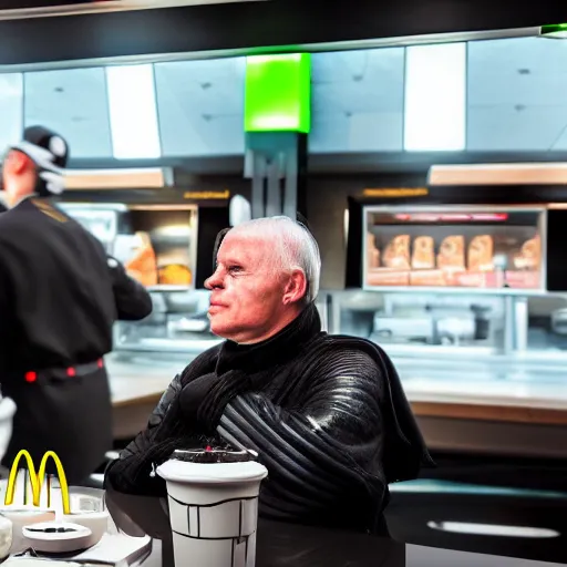 Image similar to A still of Darth Vader at McDonalds, 4k, photograph, ultra realistic, highly detailed, professional lighting