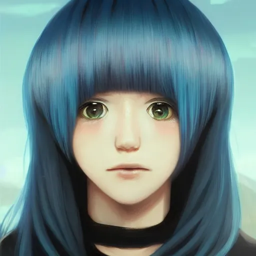 Image similar to profile shot of rimuru tempest averting his gaze, sky blue hair, straight hair, pretty, long bangs, amber eyes, all black jacket with white stripes, high collar | highly detailed, unreal engine 5, color block, digital painting, concept art, cinematic, wlop | artgerm, pixiv, greg rutkowski, ilya kuvshinov