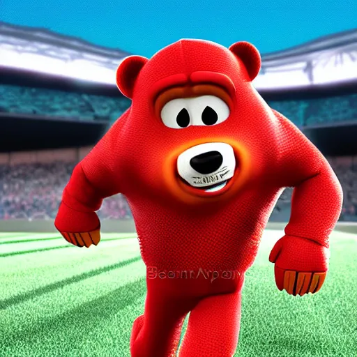 Image similar to A sportsman bear character running on a stadium. Red outfit. Digital art Pixar character